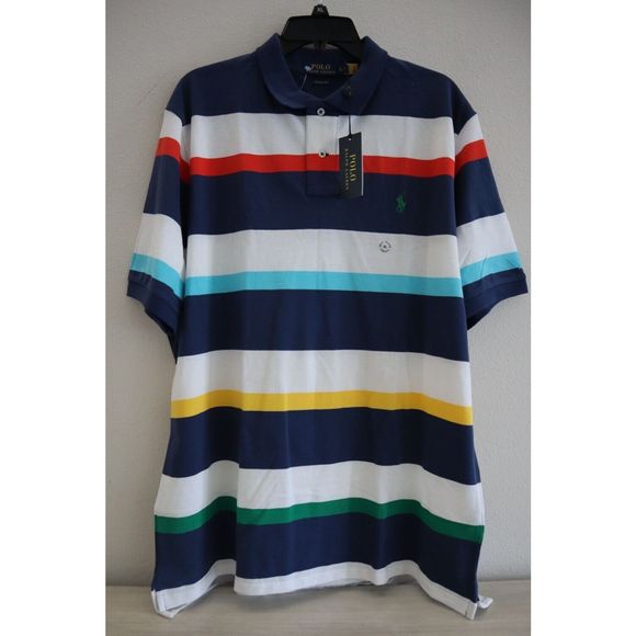 Polo Ralph Lauren Men's Sz XL Blue Multi Striped Classic Fit Mesh Polo Shirt - Picture 1 of 12